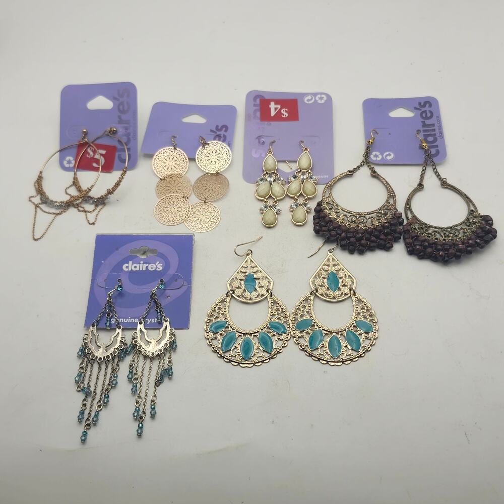 Claire's Earrings Lot Boho Chandelier Hoop Dangle Crystal Beaded Gold Silver 6Pr